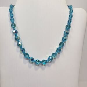 Blue Aurora Borealis Graduated Crystal Glass Bead Necklace Toggle Closure